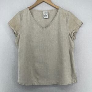 MATCH POINT Top Womens M 100% Washed Linen V-Neck Short Sleeve Beige USA VTG